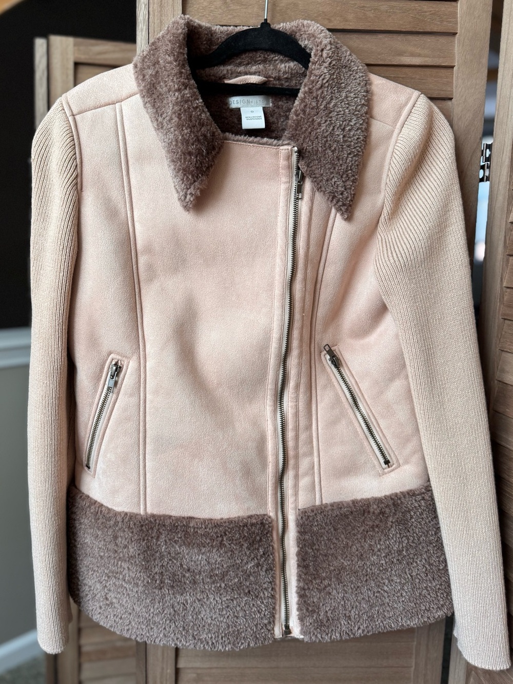 Design History Blush Pink Jacket with Brown Faux Shearling Trim
